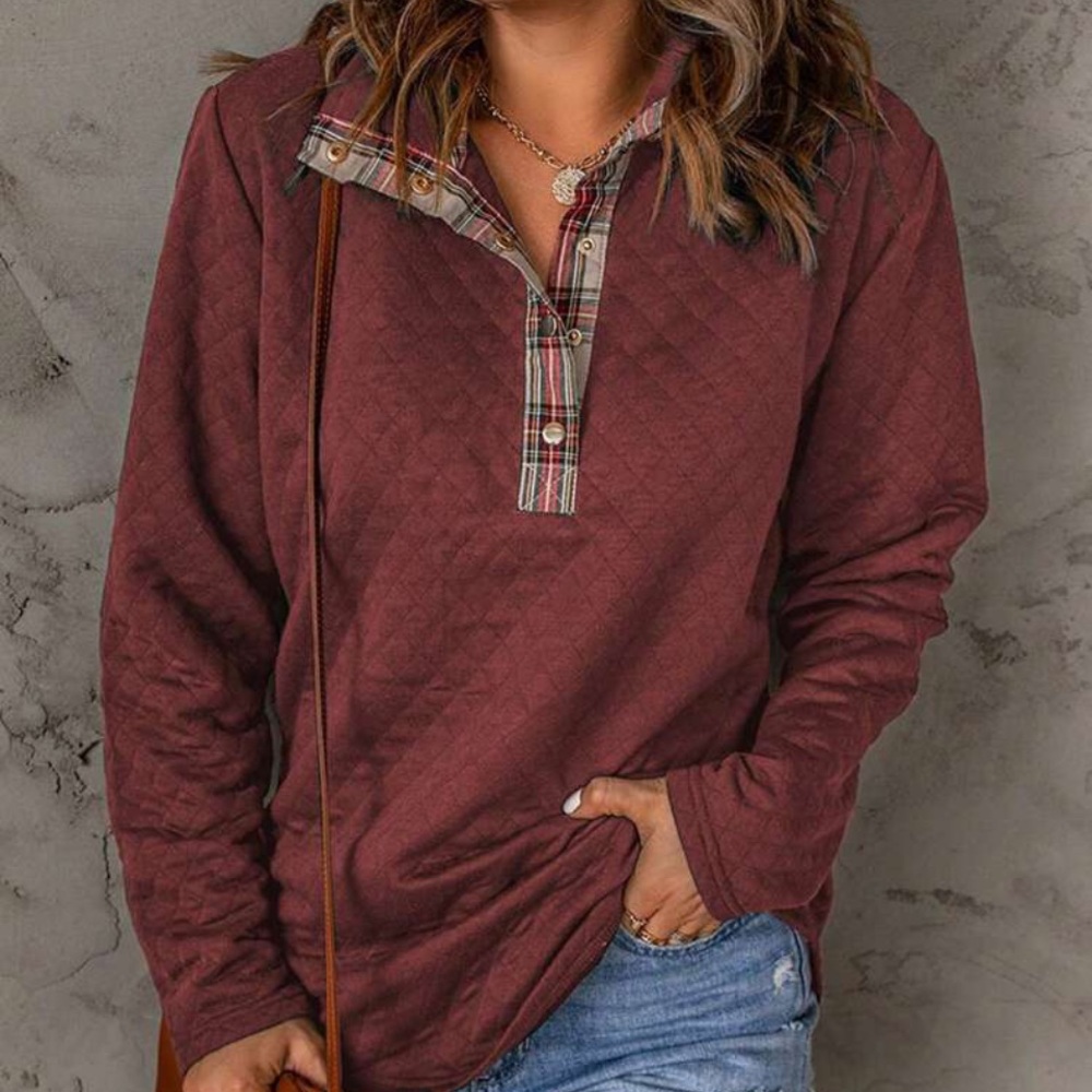 New 1/4 snap plaid detailed sweatshirt